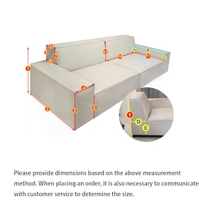 May include: Diagram illustrating sofa measurements, with numbered points indicating dimensions. The text "Sofa measurement" is at the top. Additional text advises providing dimensions and contacting customer service for sizing.