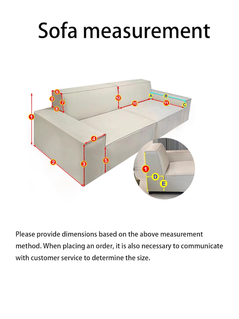May include: Diagram illustrating sofa measurements, with numbered points indicating dimensions. The text "Sofa measurement" is at the top. Additional text advises providing dimensions and contacting customer service for sizing.