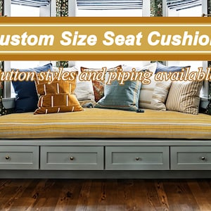 Stripe Yellow Cushion with White Piping,Window Seat Cotton Linen Cushion,Custom Shape and Size Cushion,Foam Filled Cushion