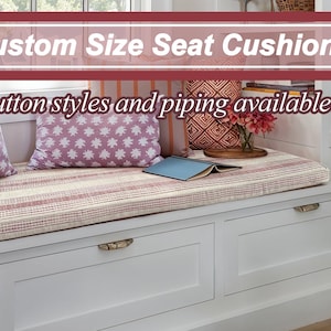 Red striped cotton and linen cushions, cotton and linen window cushions, cushions in custom sizes and shapes, foam filled cushions.