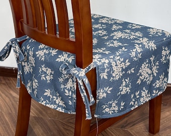 Navy floral linen chair cover, washable and removable chair cover, ottoman cover, ottoman upholstery, handmade.
