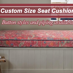 Red floral cotton and linen printed cushions, cotton and linen window cushions, cushions in custom sizes and shapes, foam filled cushions.