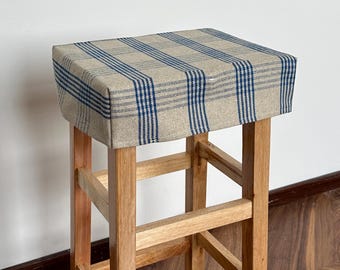 Blue striped linen counter stool cover, washable and removable stool cover, bench cover, bench decoration, handmade.