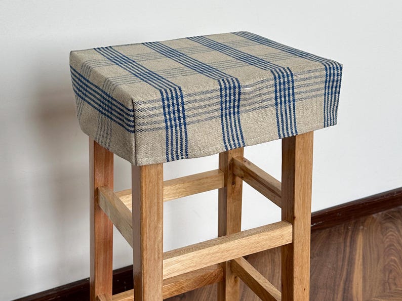 Blue Striped Linen Counter Stool Cover, Washable and Removable Stool ...