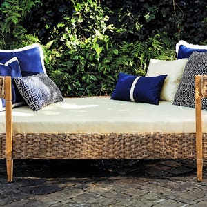 Beige outdoor bench cushion, waterproof and stain resistant fabric, outdoor sofa cushion, custom shape size.
