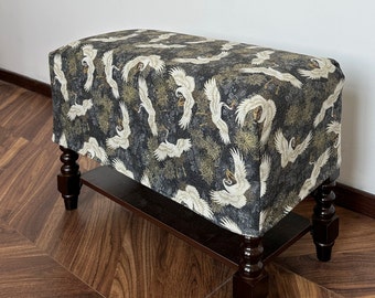 Green Pattern Print Linen Footstool Cover, Custom Ottoman Cover, Custom Footstool, Multiple Colors and Fabric Options, Replacement Covers