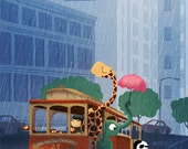 San Francisco Baby, Cable Car Print, Rain Painting, Giraffe Painting - "Here comes the rain"