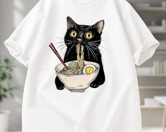 Ramen Cat Foodie Lover Black T-shirt, Retro Casual Sweatshirt, Noodle Design Cat Lovers T-shirt