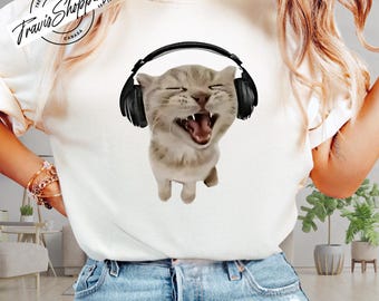 Kitten Listens Y2k T-shirt, Y2k Sweatshirt, Funny Graphic Hoodie, Y2k Graphic Tee