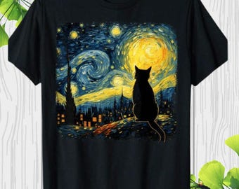 Starry Night Cat Unisex Shirt, Black Cat Lover Gift, Cat Lover Mom Dad Gift, Funny Cat Shirt, Van Gogh Art Shirt, Cool Cat, Artistic Tee