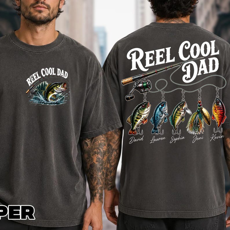 a man wearing a gray t-shirt with a fishing-themed design and text on the back.