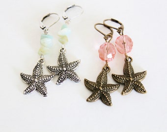 Beach Bride jewelry for beach wedding - Aqua and Pink - Silver or Bronze Starfish Earrings