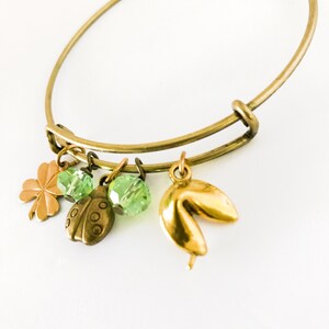 Lucky Charm Bracelet with Ladybug, Fortune Cookie, Four Leaf Clover & Green Bead Dangles Brass Tone Bangle Jewelry image 6