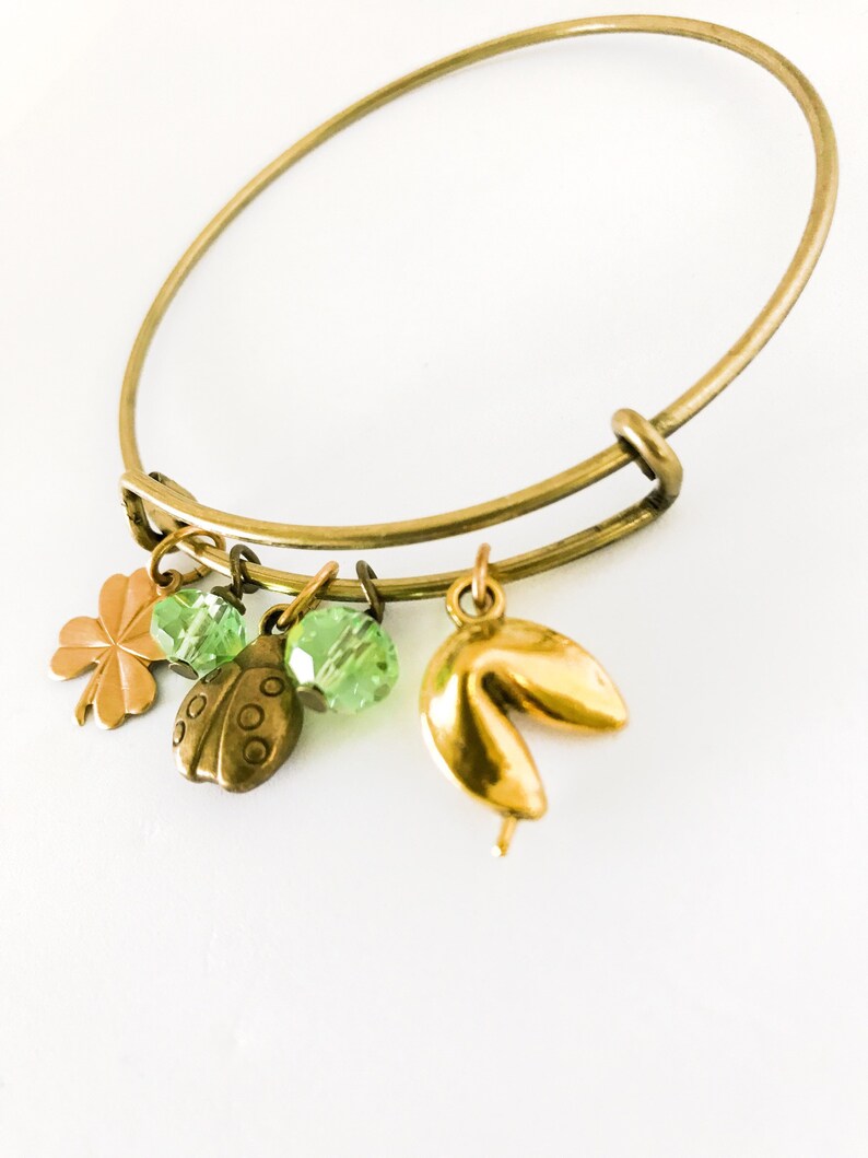 Lucky Charm Bracelet with Ladybug, Fortune Cookie, Four Leaf Clover & Green Bead Dangles Brass Tone Bangle Jewelry image 6