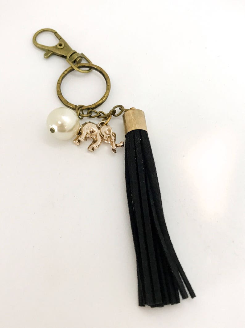 Lucky elephant tassel keychain clip on tassel black tassel good luck charm black and gold lucky charm key ring image 2