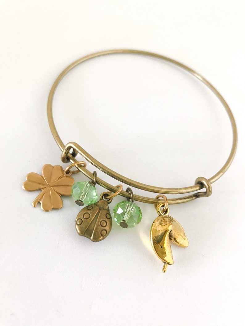 Lucky Charm Bracelet with Ladybug, Fortune Cookie, Four Leaf Clover & Green Bead Dangles Brass Tone Bangle Jewelry image 1