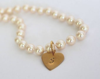 Vintage Faux Pearl Knotted Necklace with Personalized Initial Brass Heart Charm - Timeless Elegance Stamped Initial Pearl Necklace