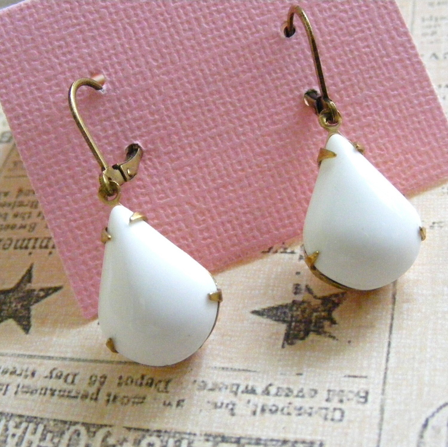 Milk Glass vintage white stone dangle earrings retro Etsy