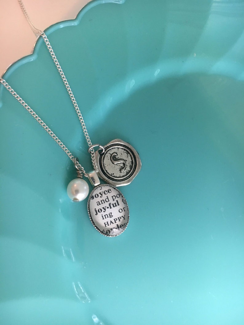Personalized Vintage Dictionary Pendant Necklace with Faux Pearl and Wax Seal Initial Custom Word Jewelry image 2
