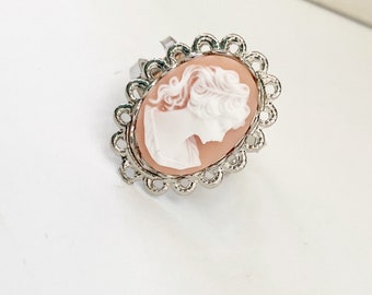 Peachy Pink Cameo Ring - Ladies Portrait Cameo in Adjustable Silver Setting