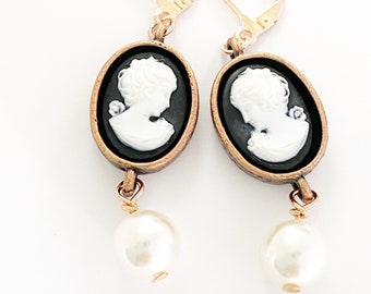 Dangle Cameo Earrings with Faux Pearls - Black and White Cameo - Rose Gold Copper