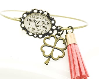 Good luck bracelet - good karma - clover charm bracelet - tassel bangle bracelet