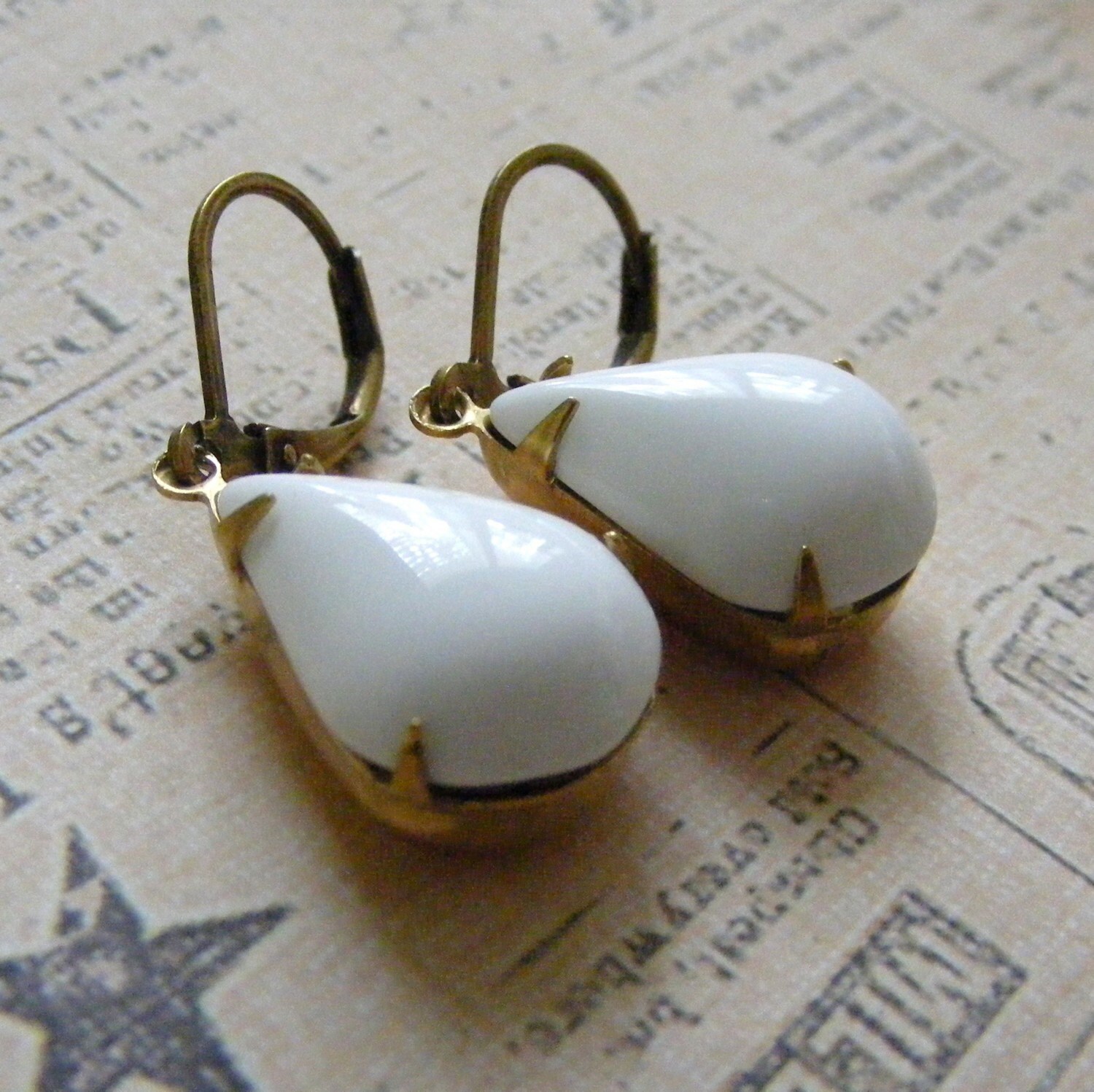Milk Glass vintage white stone dangle earrings retro Etsy