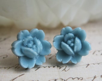 Tiny flower earrings, Small Blue Rose Flower Stud Earrings, Baby Blue rose