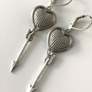 Textured Steel Heart and Arrow Dangle Earrings image 1