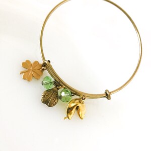 Lucky Charm Bracelet with Ladybug, Fortune Cookie, Four Leaf Clover & Green Bead Dangles Brass Tone Bangle Jewelry image 5