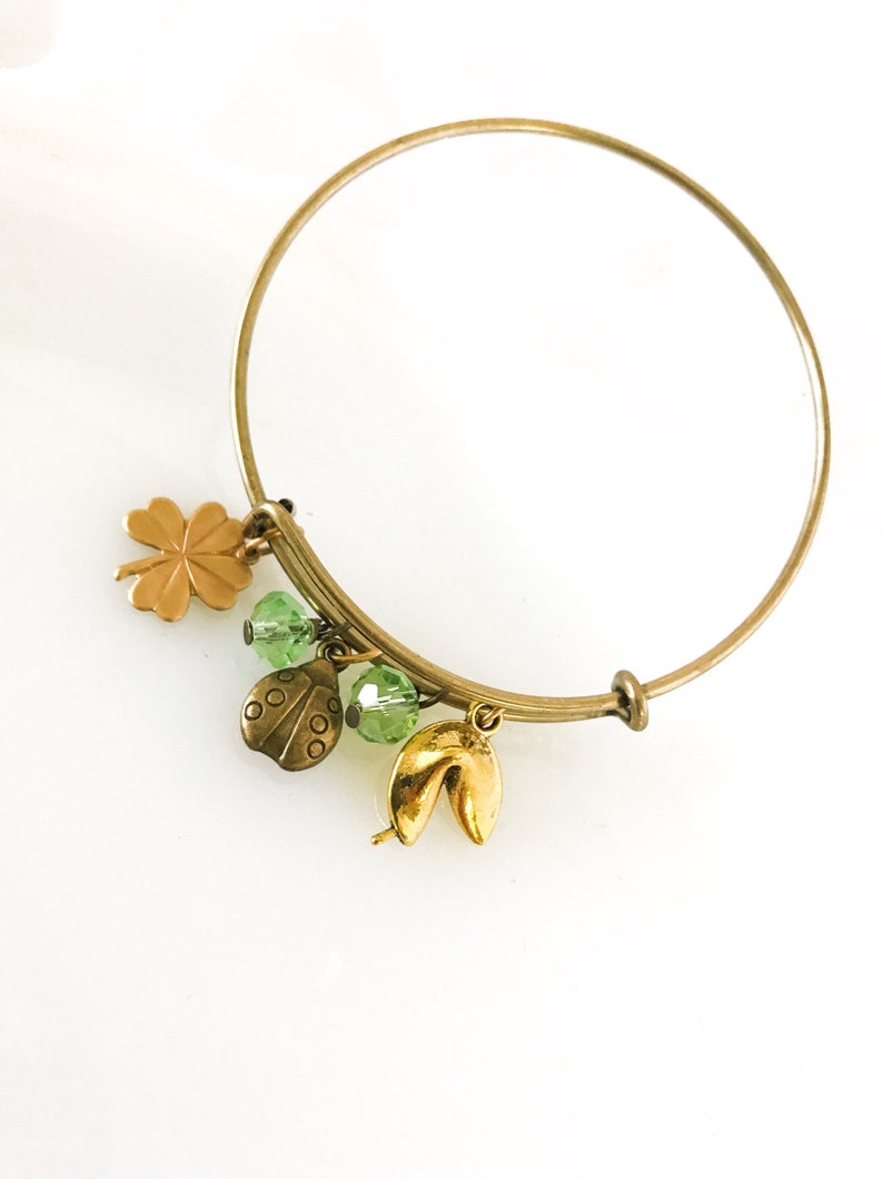 Lucky Charm Bracelet with Ladybug, Fortune Cookie, Four Leaf Clover & Green Bead Dangles Brass Tone Bangle Jewelry image 5