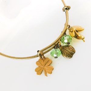 Lucky Charm Bracelet with Ladybug, Fortune Cookie, Four Leaf Clover & Green Bead Dangles Brass Tone Bangle Jewelry image 4