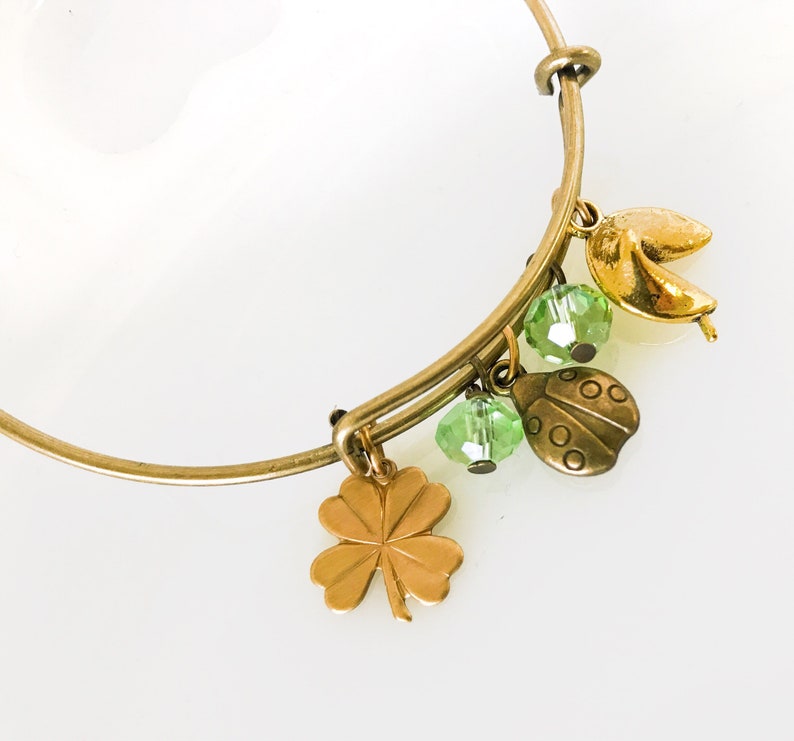 Lucky Charm Bracelet with Ladybug, Fortune Cookie, Four Leaf Clover & Green Bead Dangles Brass Tone Bangle Jewelry image 4