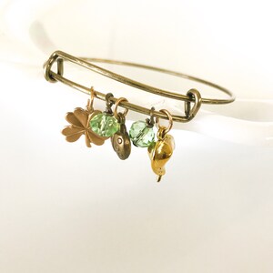 Lucky Charm Bracelet with Ladybug, Fortune Cookie, Four Leaf Clover & Green Bead Dangles Brass Tone Bangle Jewelry image 3