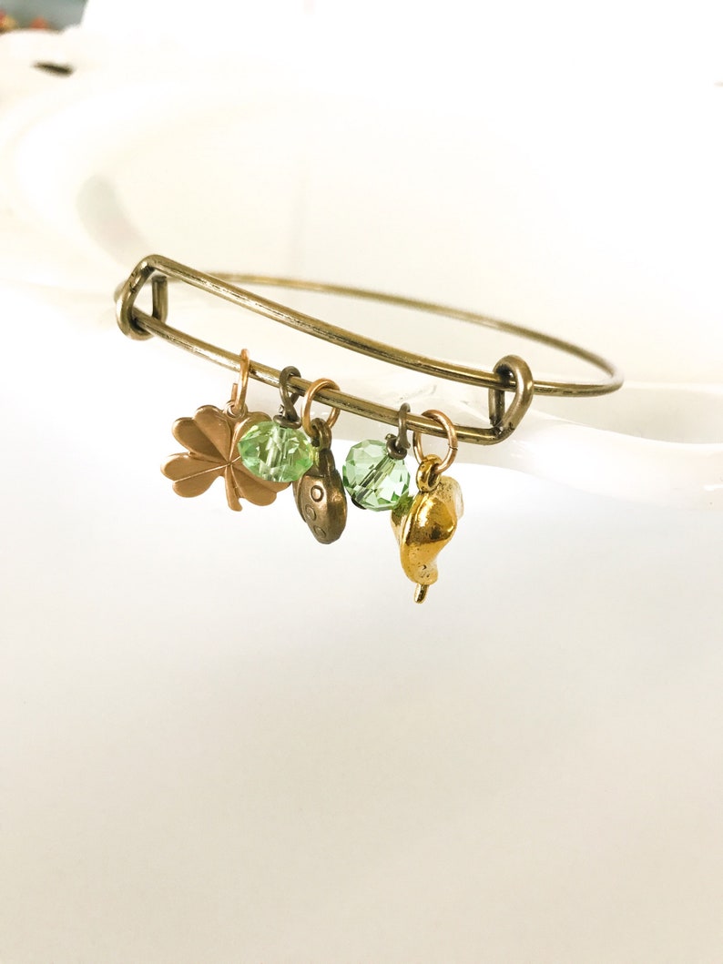 Lucky Charm Bracelet with Ladybug, Fortune Cookie, Four Leaf Clover & Green Bead Dangles Brass Tone Bangle Jewelry image 3