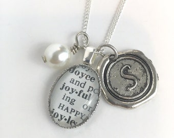 Personalized Vintage Dictionary Pendant Necklace with Faux Pearl and Wax Seal Initial - Custom Word Jewelry