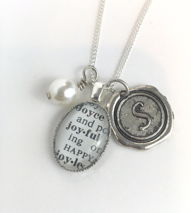 Personalized Vintage Dictionary Pendant Necklace with Faux Pearl and Wax Seal Initial Custom Word Jewelry image 1