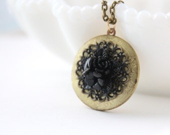 Black Flower Locket Necklace - Vintage Gold Locket with Filigree and Black Rose - Long locket necklace