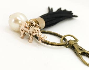 Lucky elephant tassel keychain - clip on tassel - black tassel - good luck charm - black and gold - lucky charm key ring