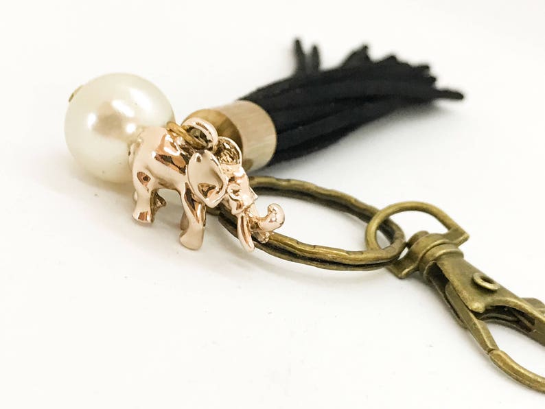 Lucky elephant tassel keychain clip on tassel black tassel good luck charm black and gold lucky charm key ring image 1