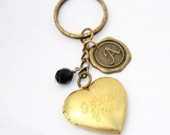 I Love You Locket Keychain - gift for her - vintage heart locket with initial charm keyring