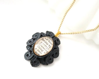 Romantic Gift Necklace - Custom Word Pendant Necklace in Gothic Black Setting