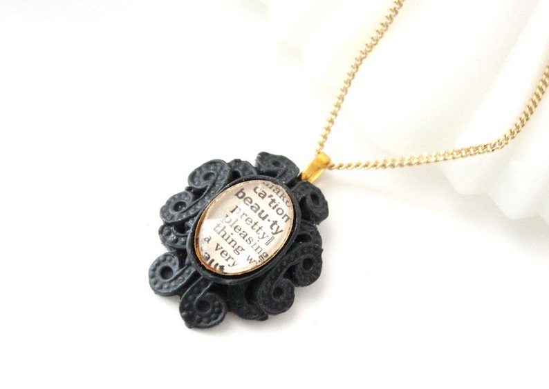 Romantic Gift Necklace Custom Word Pendant Necklace in Gothic Black Setting image 1