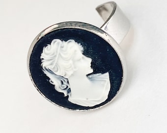 Round Cameo Ring - Black and White Portrait Cameo in Silver Setting