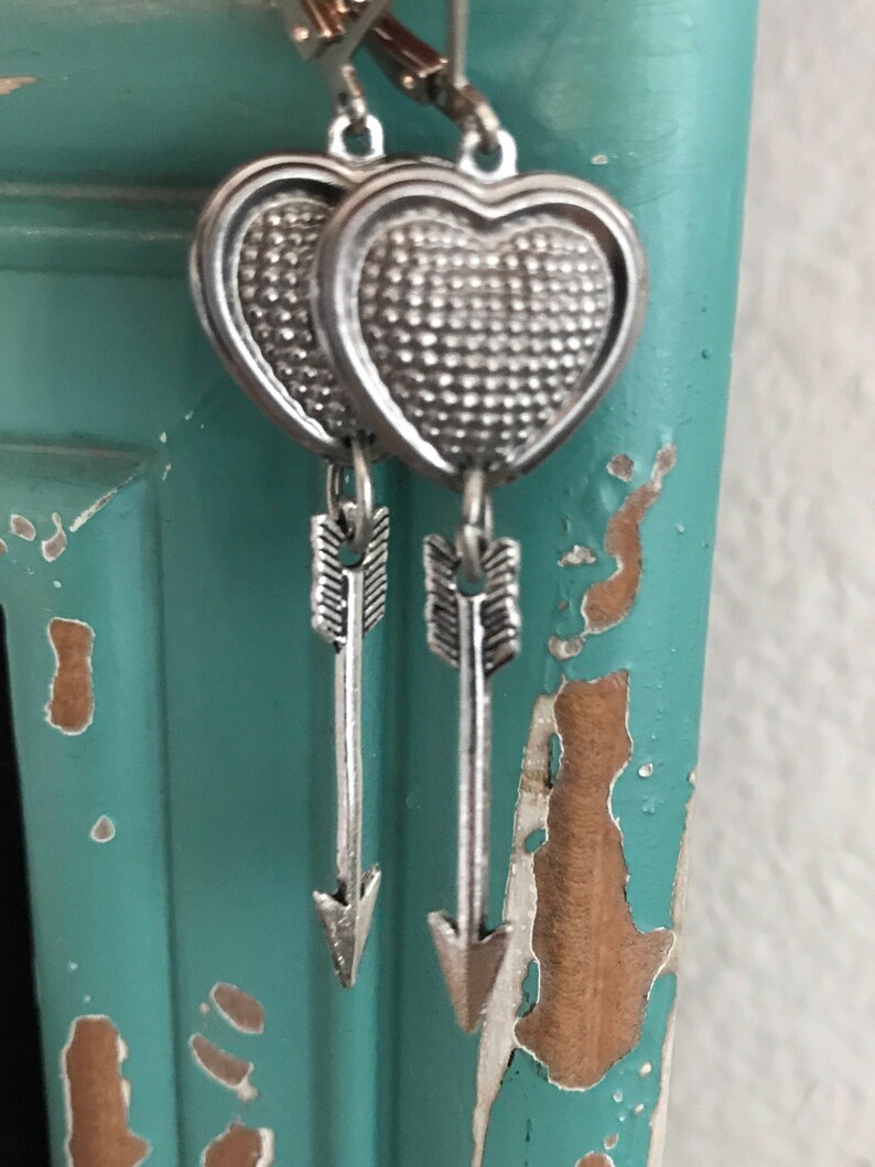 Textured Steel Heart and Arrow Dangle Earrings image 3