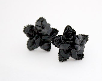 Black Flower Earrings - Flower bouquet studs with vintage star shaped flower cabochons