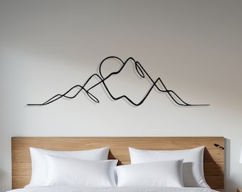 Mountain Sun Metal Line Wall Art, Sunrise Mountain Metal Home Decor, Valentine&#39;s Day Gift, Uniq Birthday Gift, Headboard Wall Art, Line Art
