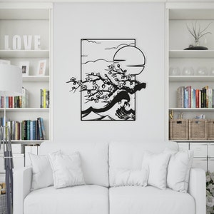 Cherry Blossom Tree with Waves Metal Wall Art - Modern Nature Metal Wall Decor - Unique Birhtday Gift - Outdoor Wall Art - Best Gift