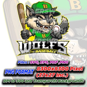Wolf Baseball Mascot Design for School and Personal T-Shirt, Wolf Mascot, Baseball Team, Wolf Digital File Download Eps, PNG, SVG, PDF