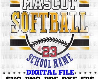 May include: A digital file for a softball design with the text "MASCOT SOFTBALL #23 SCHOOL NAME" in gold and black lettering on a white background. The design includes a baseball with stitching and a wreath of leaves.